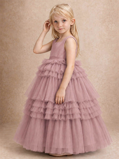 Sleeveless Square Neck Tiered Tulle Flower Girl Dress Kids Princess Wedding Party Gown