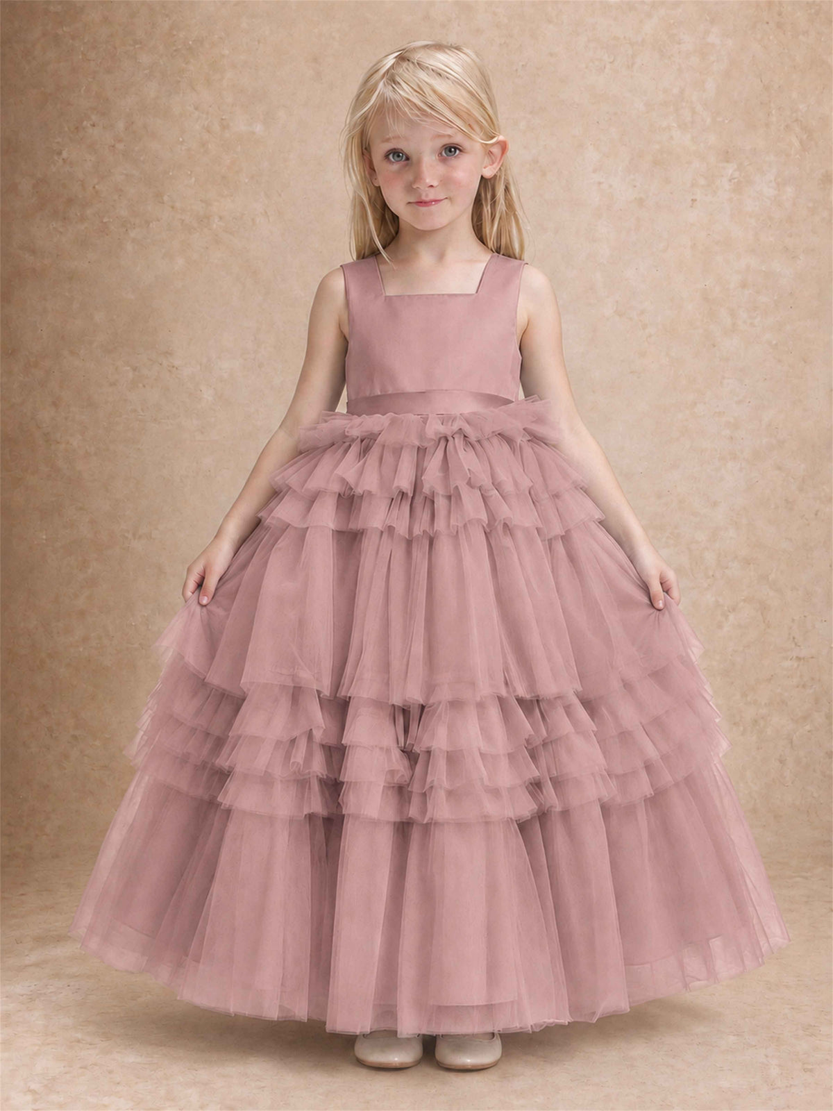 Sleeveless Square Neck Tiered Tulle Flower Girl Dress Kids Princess Wedding Party Gown