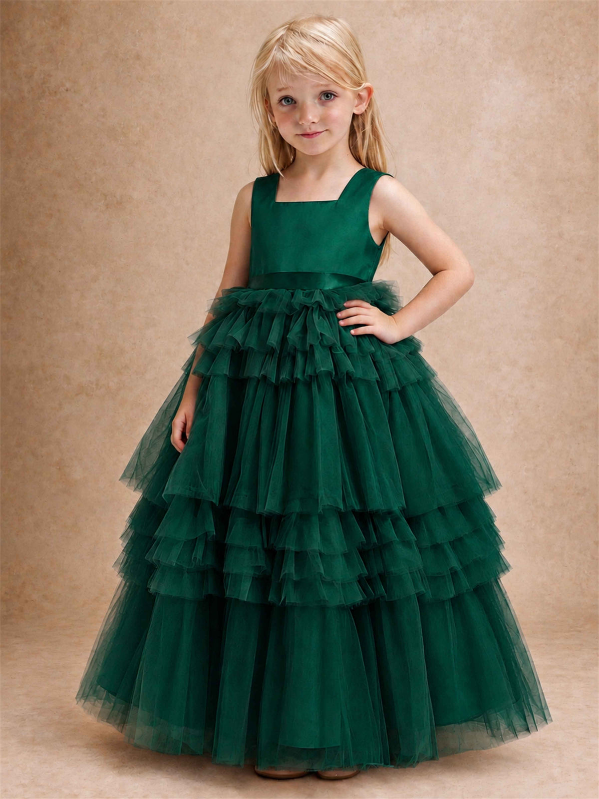 Sleeveless Square Neck Tiered Tulle Flower Girl Dress Kids Princess Wedding Party Gown