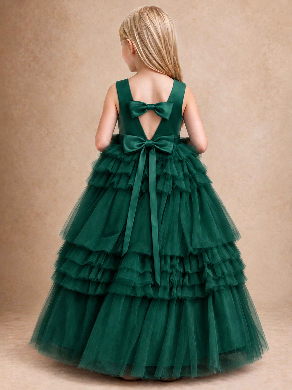 Sleeveless Square Neck Tiered Tulle Flower Girl Dress Kids Princess Wedding Party Gown