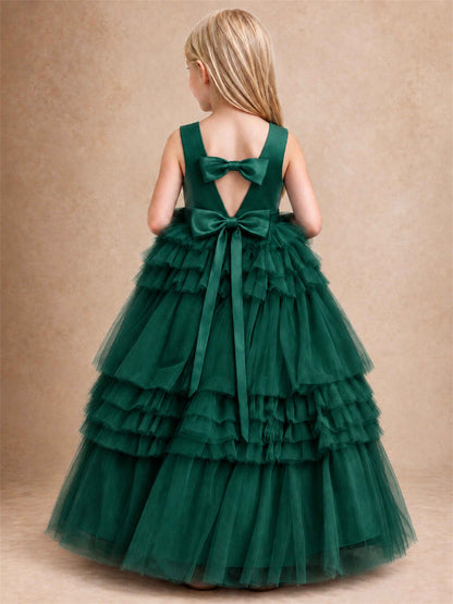 Sleeveless Square Neck Tiered Tulle Flower Girl Dress Kids Princess Wedding Party Gown