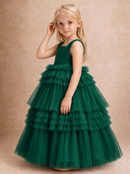 Sleeveless Square Neck Tiered Tulle Flower Girl Dress Kids Princess Wedding Party Gown