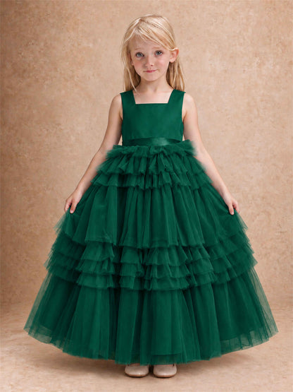 Sleeveless Square Neck Tiered Tulle Flower Girl Dress Kids Princess Wedding Party Gown