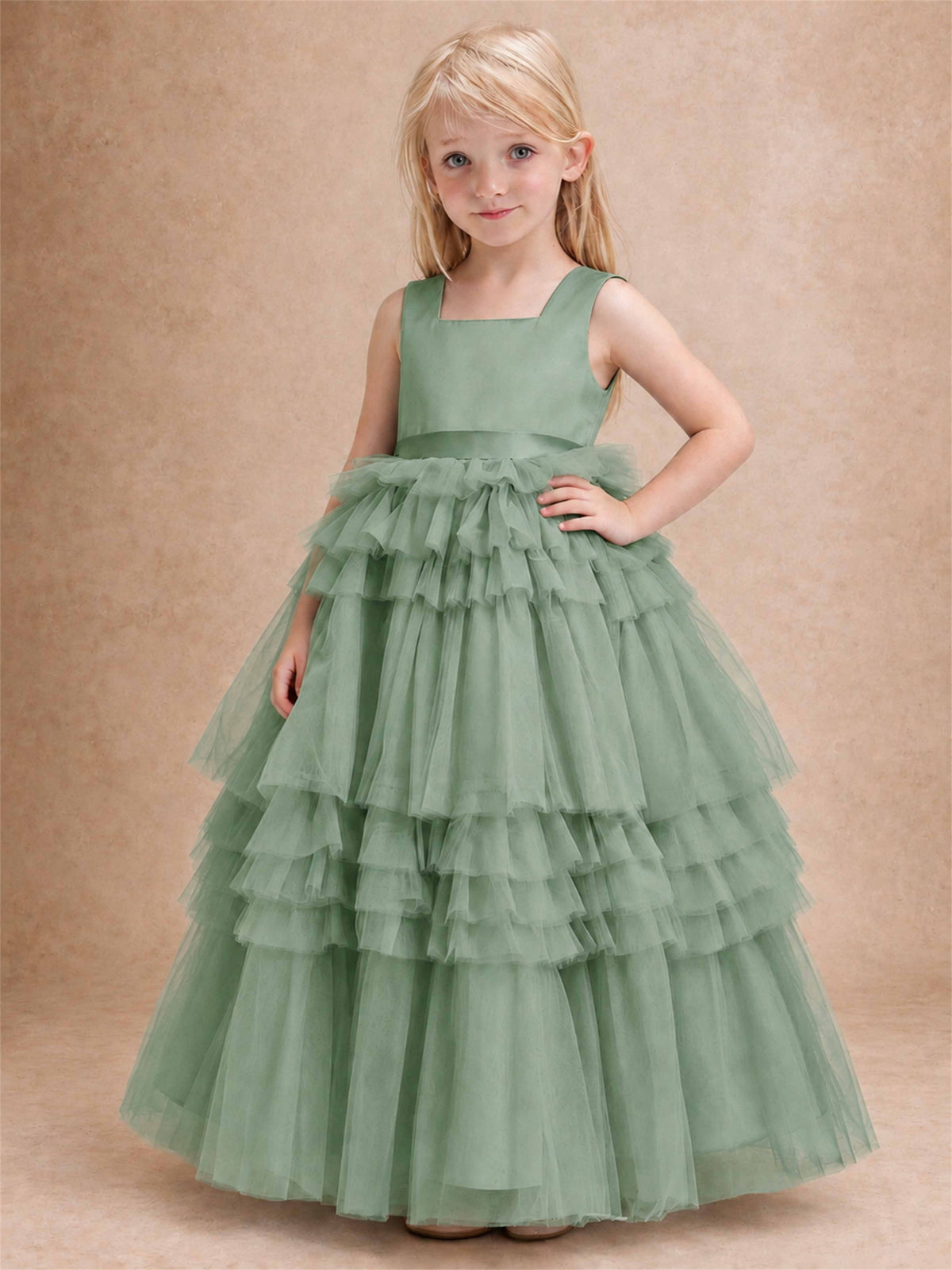 Sleeveless Square Neck Tiered Tulle Flower Girl Dress Kids Princess Wedding Party Gown