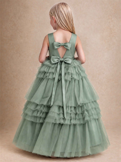 Sleeveless Square Neck Tiered Tulle Flower Girl Dress Kids Princess Wedding Party Gown