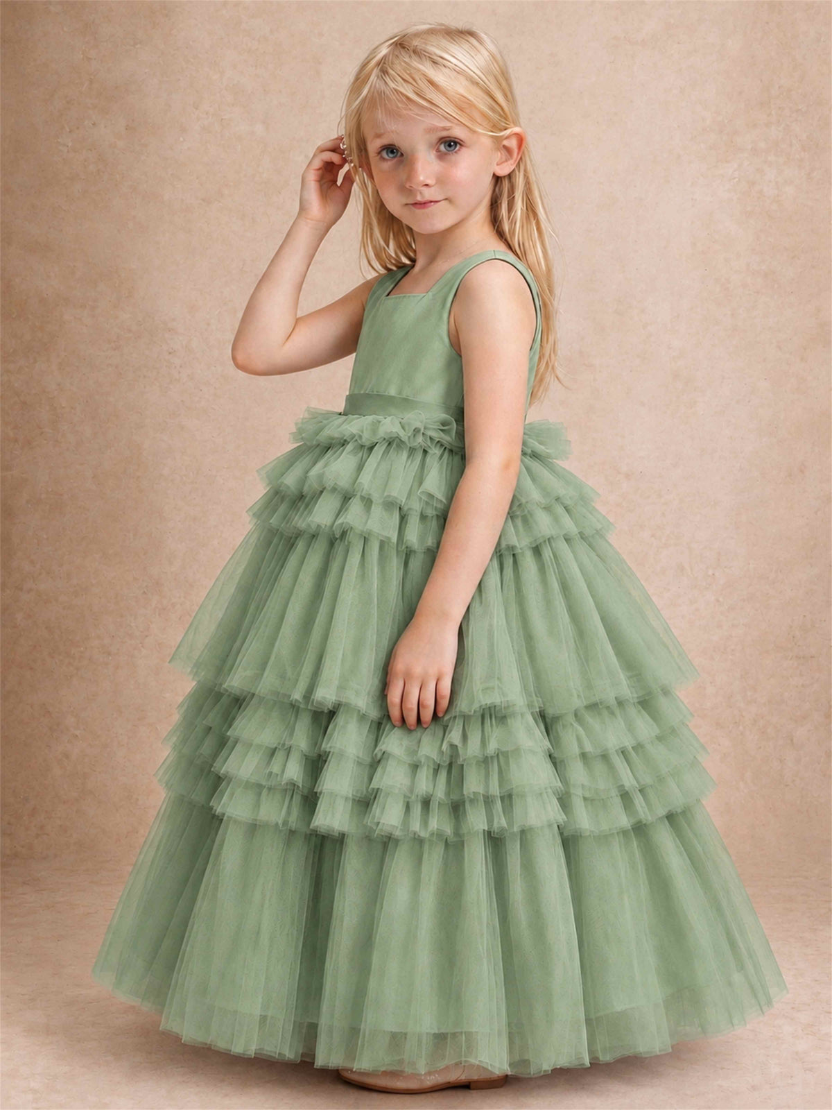 Sleeveless Square Neck Tiered Tulle Flower Girl Dress Kids Princess Wedding Party Gown