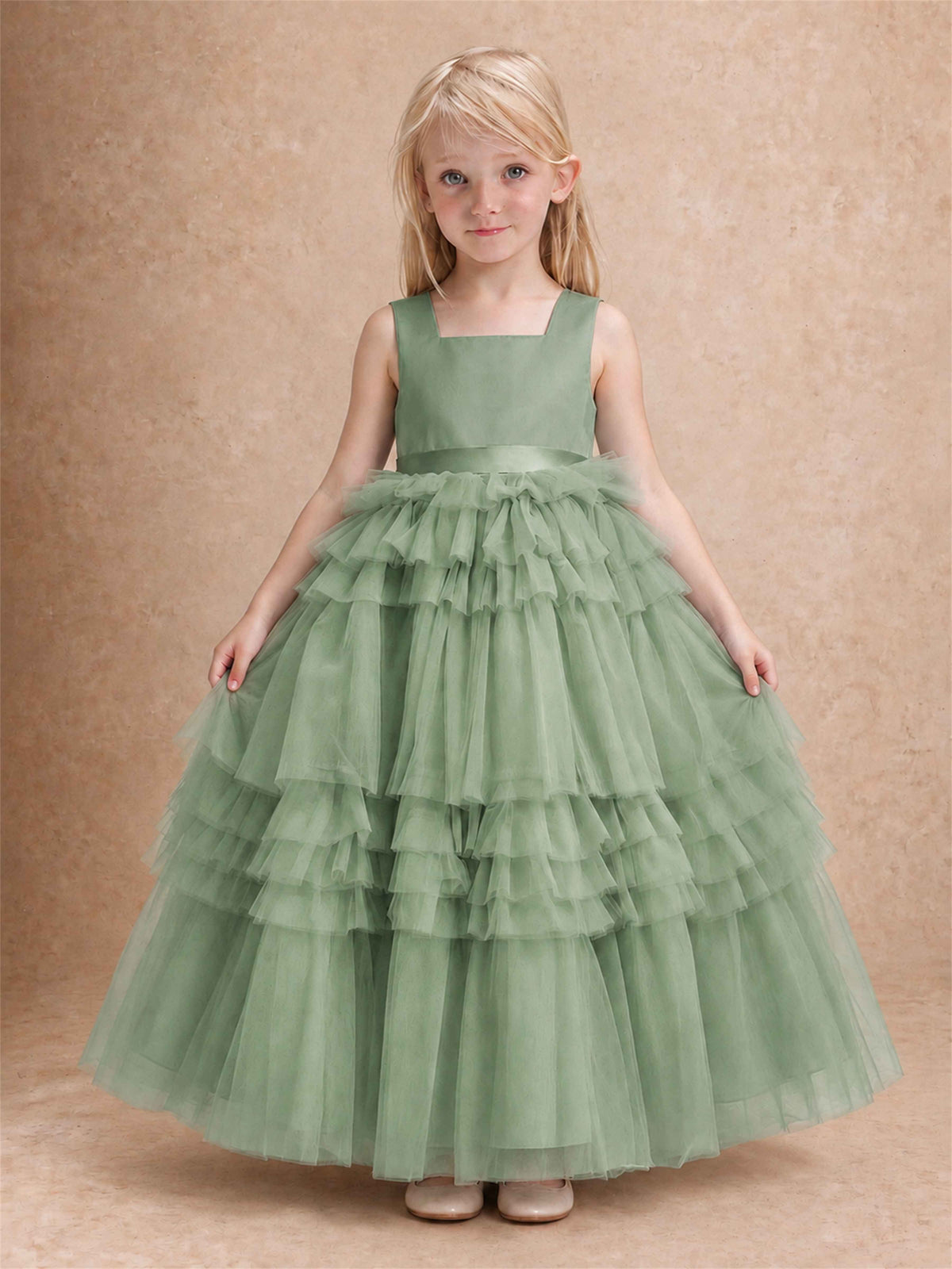 Sleeveless Square Neck Tiered Tulle Flower Girl Dress Kids Princess Wedding Party Gown