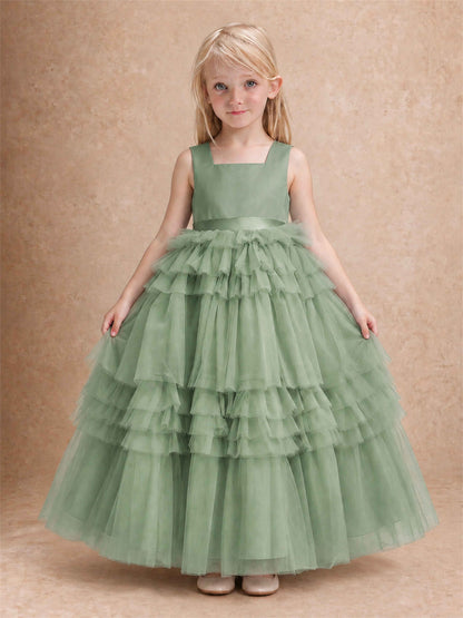 Sleeveless Square Neck Tiered Tulle Flower Girl Dress Kids Princess Wedding Party Gown