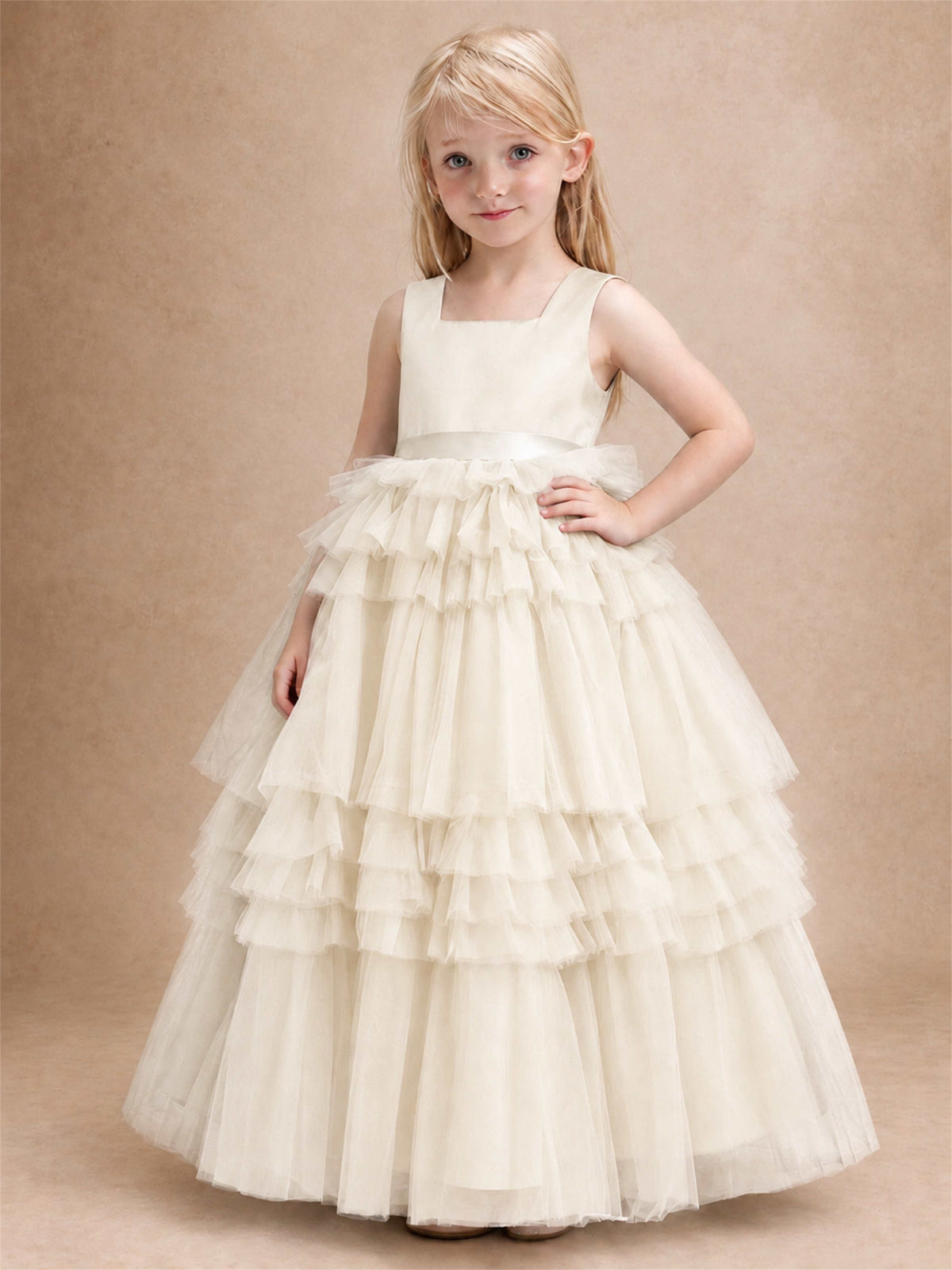 Sleeveless Square Neck Tiered Tulle Flower Girl Dress Kids Princess Wedding Party Gown