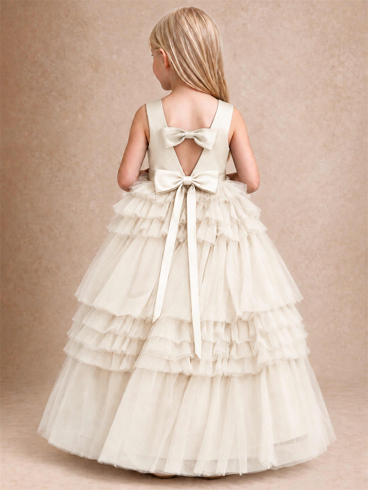 Sleeveless Square Neck Tiered Tulle Flower Girl Dress Kids Princess Wedding Party Gown