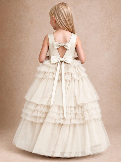 Sleeveless Square Neck Tiered Tulle Flower Girl Dress Kids Princess Wedding Party Gown