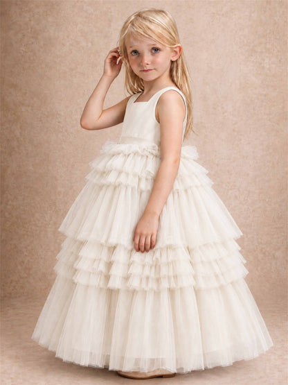 Sleeveless Square Neck Tiered Tulle Flower Girl Dress Kids Princess Wedding Party Gown