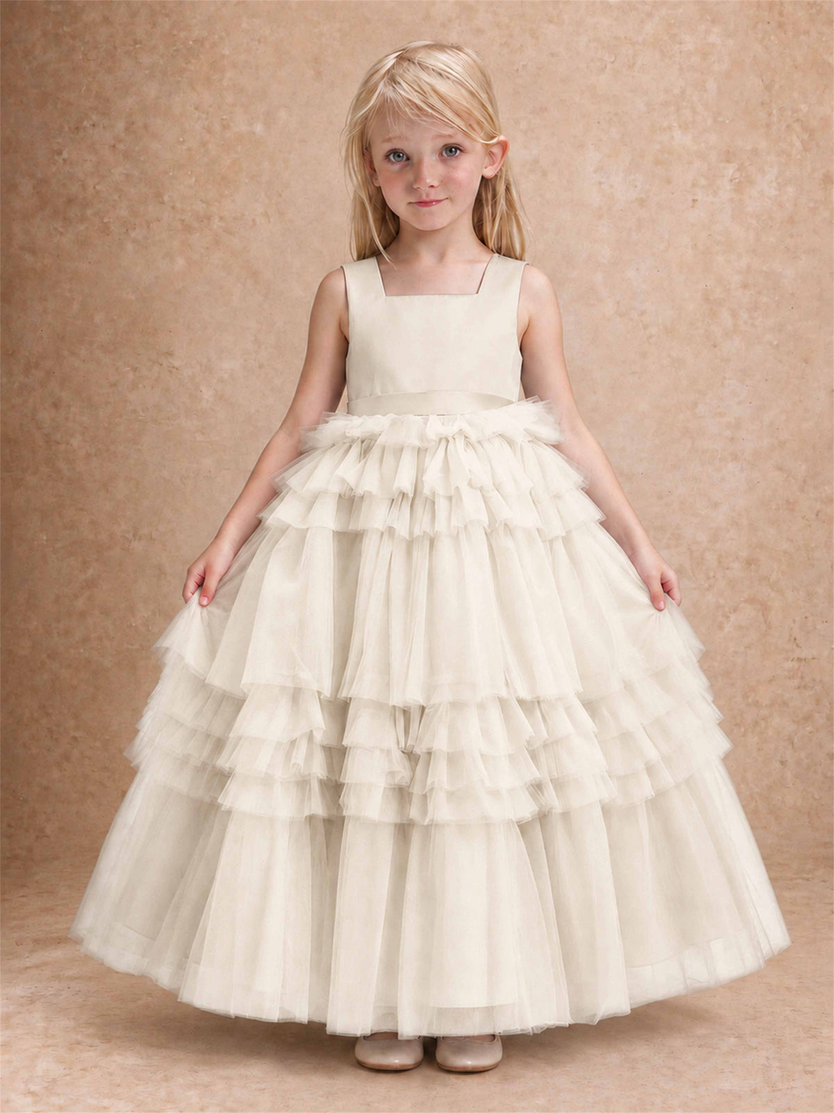 Sleeveless Square Neck Tiered Tulle Flower Girl Dress Kids Princess Wedding Party Gown