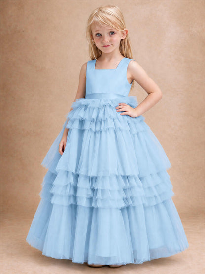Sleeveless Square Neck Tiered Tulle Flower Girl Dress Kids Princess Wedding Party Gown