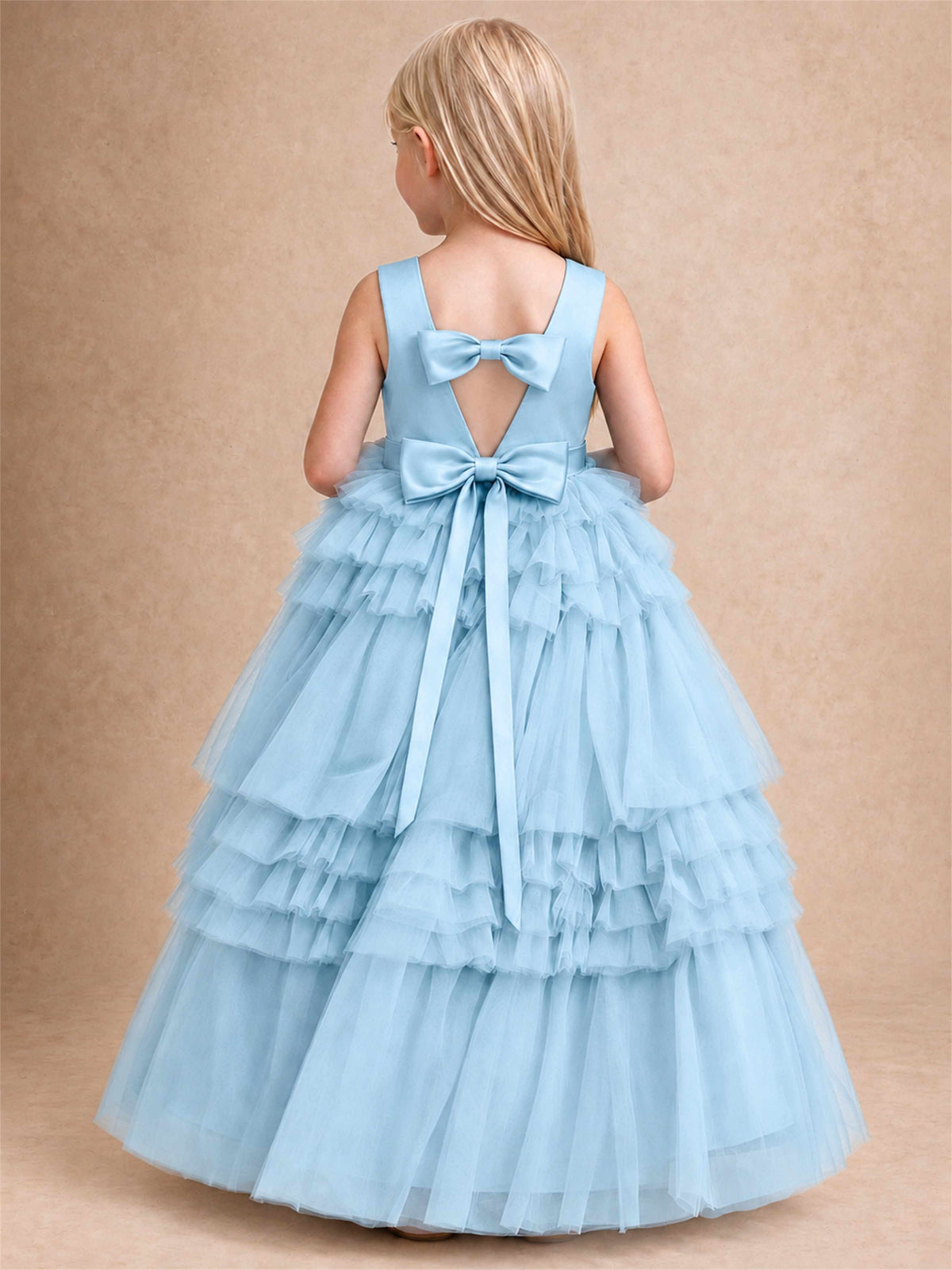 Sleeveless Square Neck Tiered Tulle Flower Girl Dress Kids Princess Wedding Party Gown
