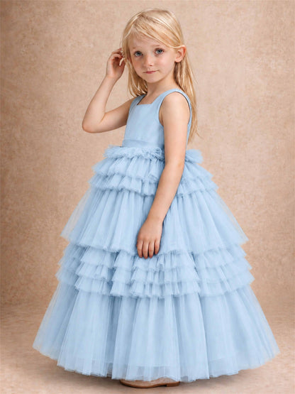 Sleeveless Square Neck Tiered Tulle Flower Girl Dress Kids Princess Wedding Party Gown