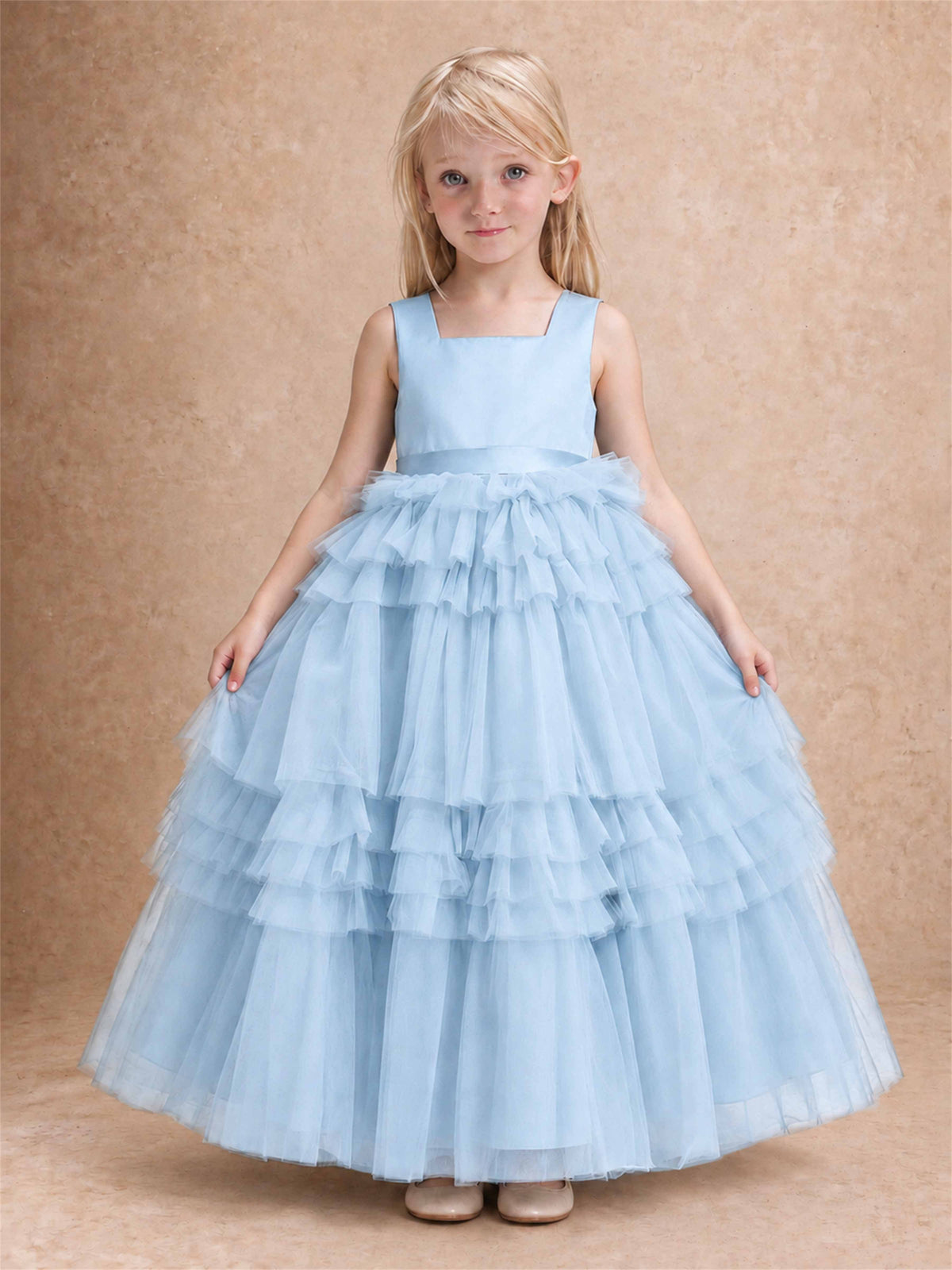 Sleeveless Square Neck Tiered Tulle Flower Girl Dress Kids Princess Wedding Party Gown