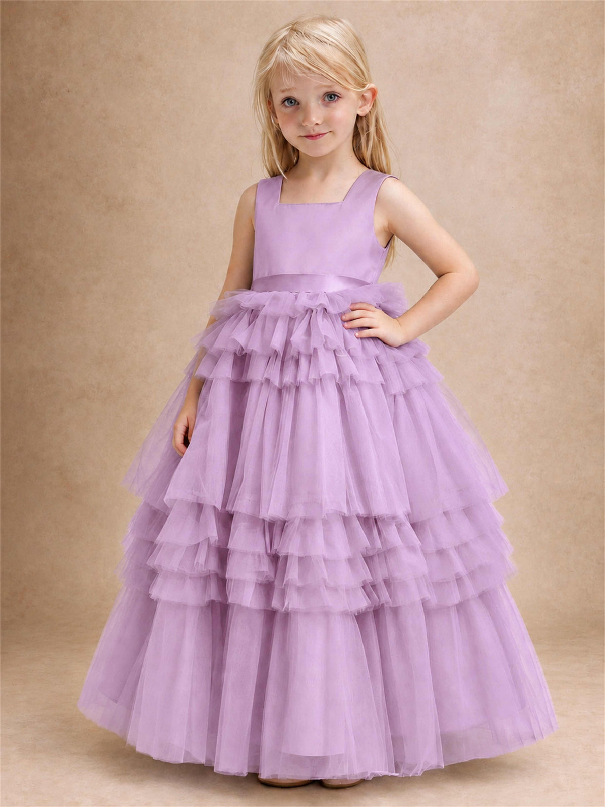 Sleeveless Square Neck Tiered Tulle Flower Girl Dress Kids Princess Wedding Party Gown