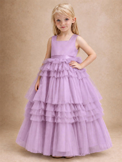 Sleeveless Square Neck Tiered Tulle Flower Girl Dress Kids Princess Wedding Party Gown