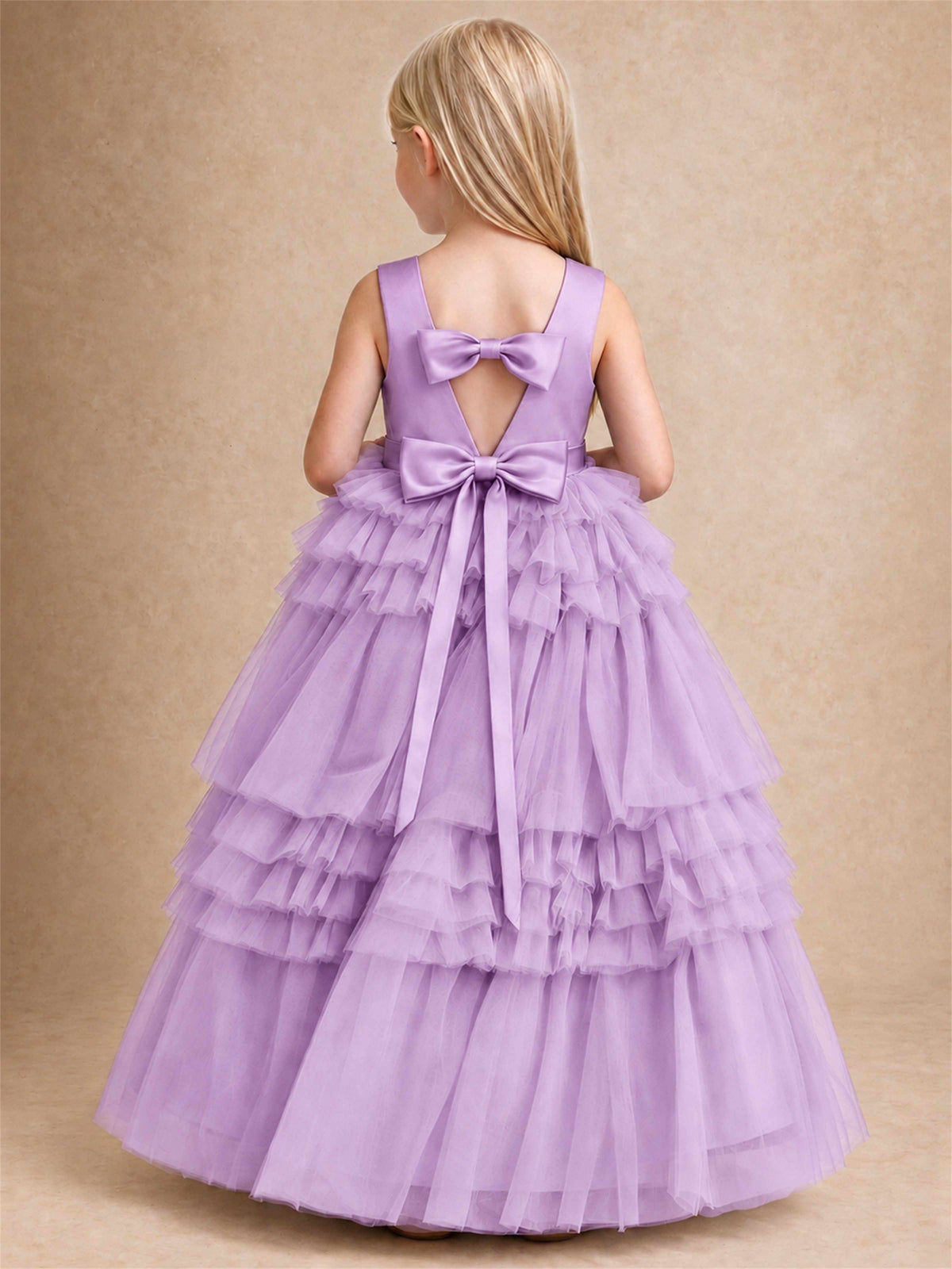 Sleeveless Square Neck Tiered Tulle Flower Girl Dress Kids Princess Wedding Party Gown