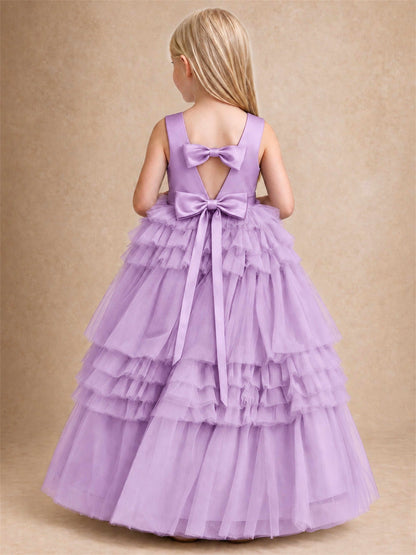 Sleeveless Square Neck Tiered Tulle Flower Girl Dress Kids Princess Wedding Party Gown