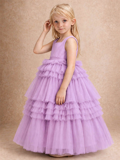 Sleeveless Square Neck Tiered Tulle Flower Girl Dress Kids Princess Wedding Party Gown