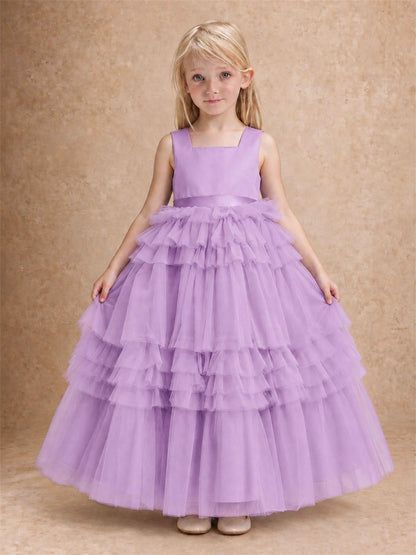 Sleeveless Square Neck Tiered Tulle Flower Girl Dress Kids Princess Wedding Party Gown
