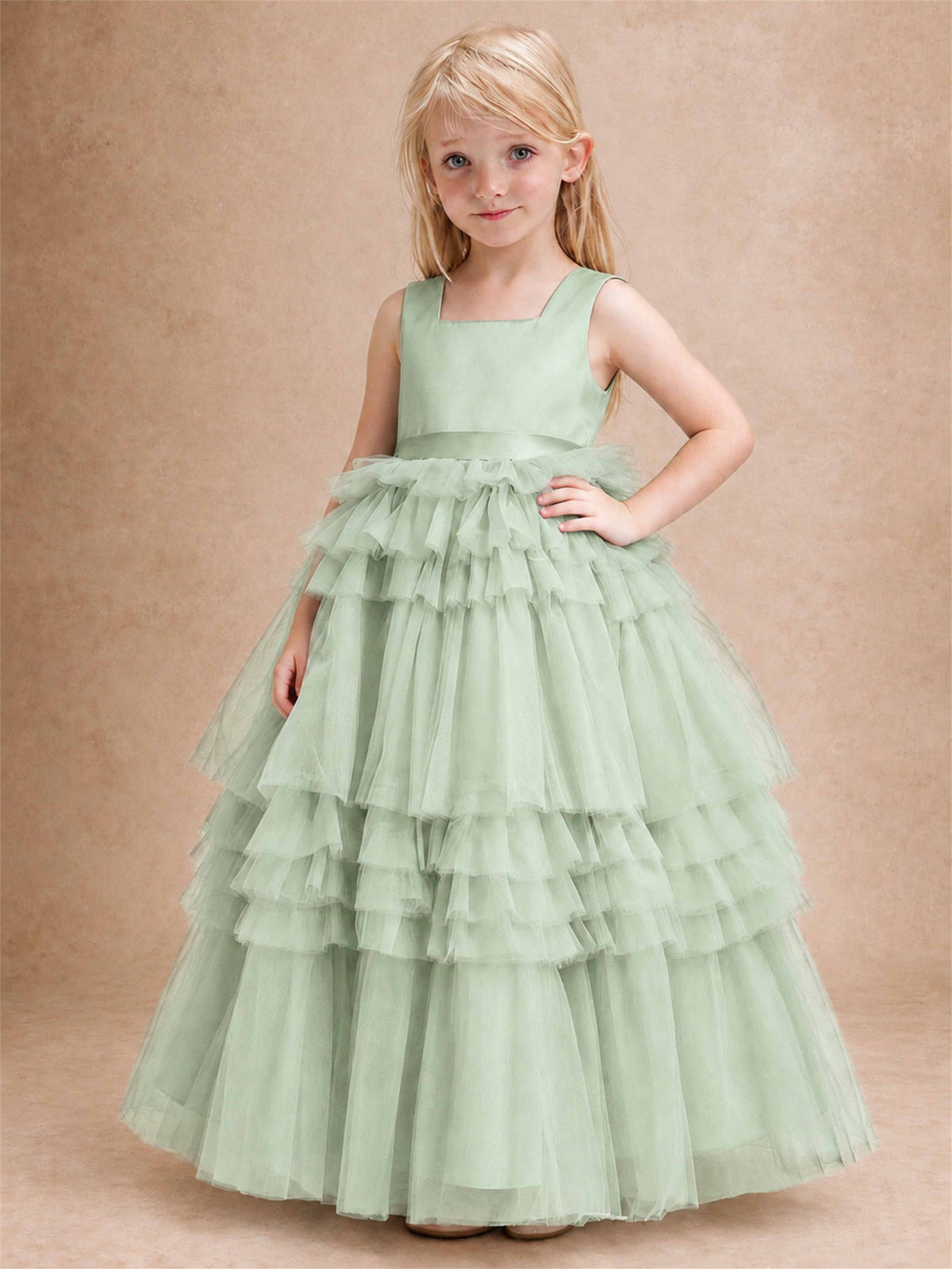 Sleeveless Square Neck Tiered Tulle Flower Girl Dress Kids Princess Wedding Party Gown