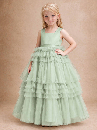 Sleeveless Square Neck Tiered Tulle Flower Girl Dress Kids Princess Wedding Party Gown