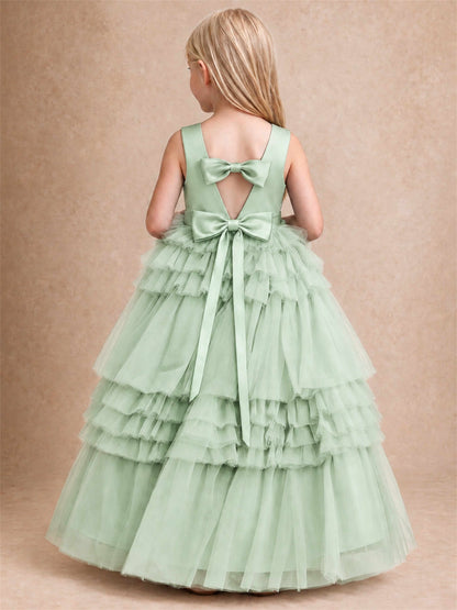 Sleeveless Square Neck Tiered Tulle Flower Girl Dress Kids Princess Wedding Party Gown