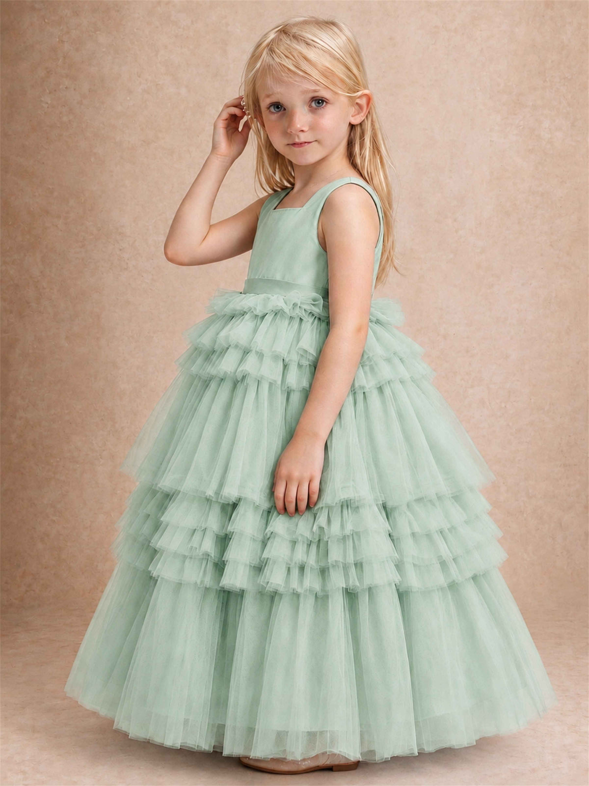 Sleeveless Square Neck Tiered Tulle Flower Girl Dress Kids Princess Wedding Party Gown