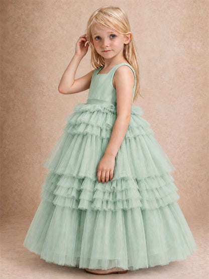 Sleeveless Square Neck Tiered Tulle Flower Girl Dress Kids Princess Wedding Party Gown
