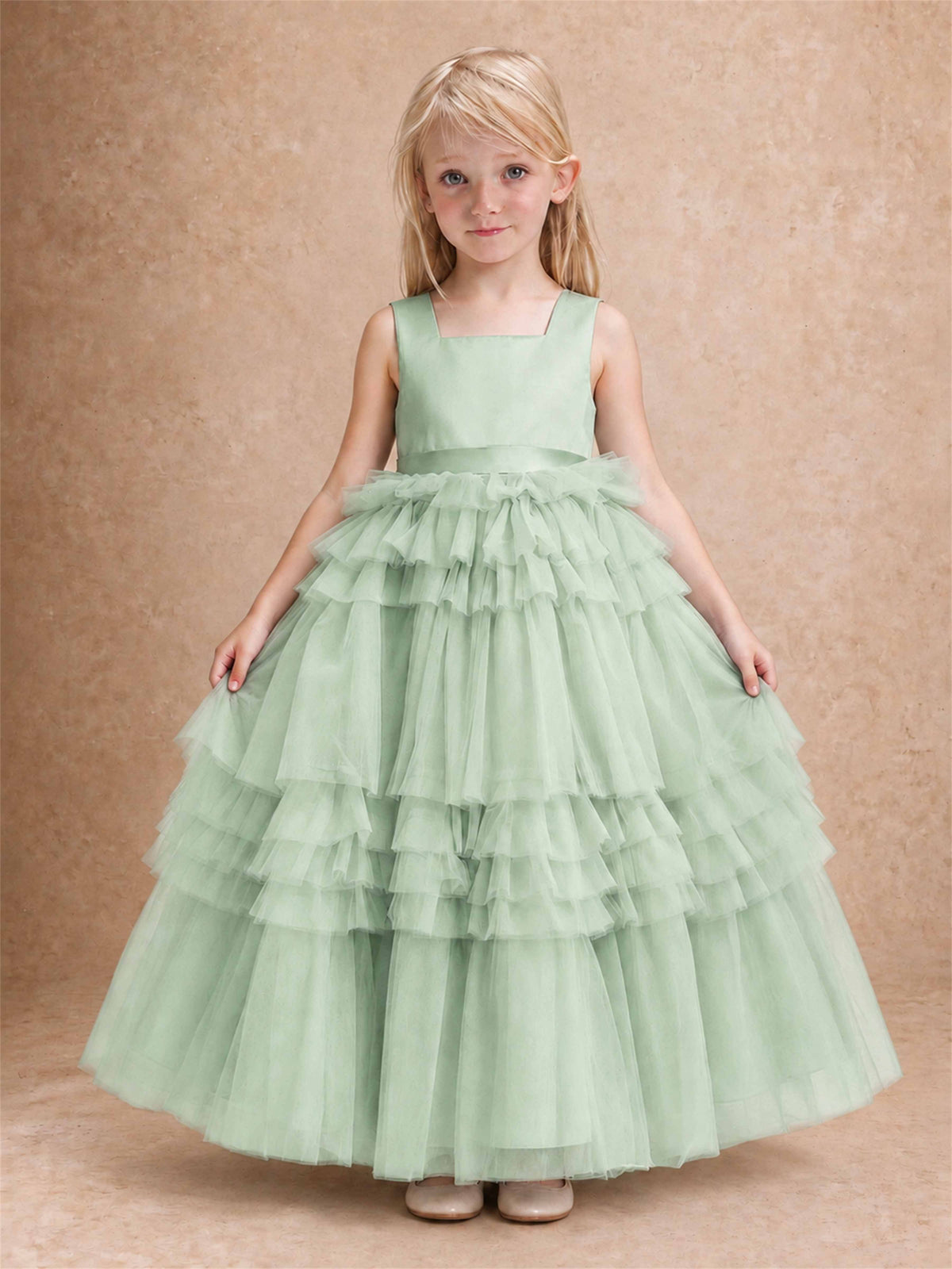 Sleeveless Square Neck Tiered Tulle Flower Girl Dress Kids Princess Wedding Party Gown