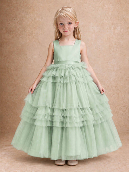 Sleeveless Square Neck Tiered Tulle Flower Girl Dress Kids Princess Wedding Party Gown