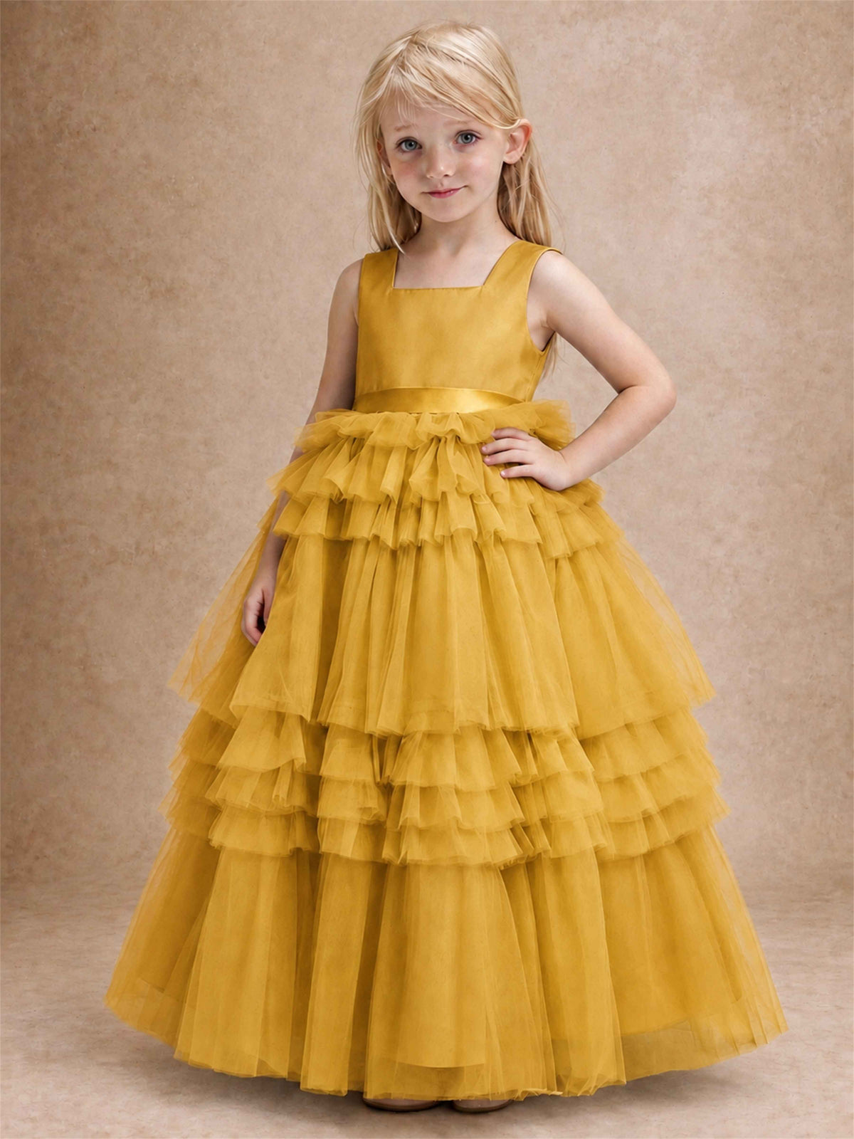 Sleeveless Square Neck Tiered Tulle Flower Girl Dress Kids Princess Wedding Party Gown