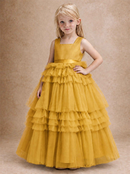 Sleeveless Square Neck Tiered Tulle Flower Girl Dress Kids Princess Wedding Party Gown