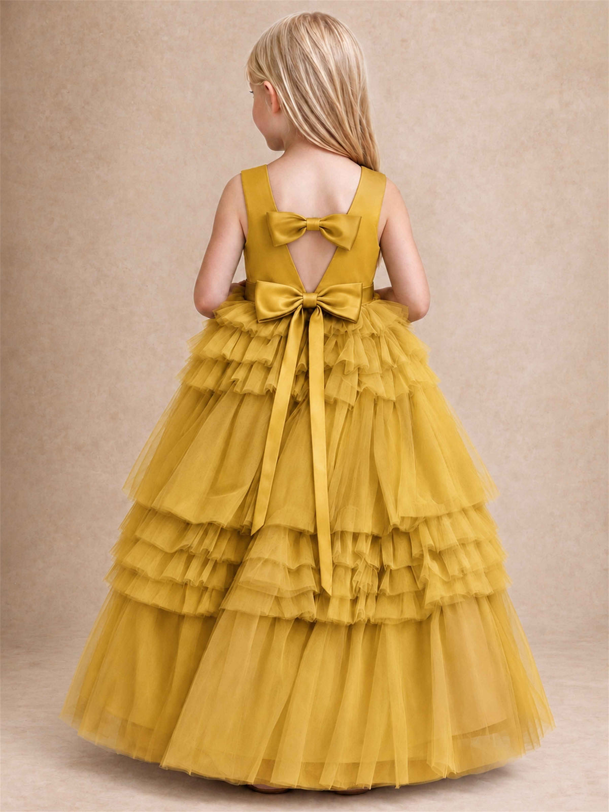 Sleeveless Square Neck Tiered Tulle Flower Girl Dress Kids Princess Wedding Party Gown