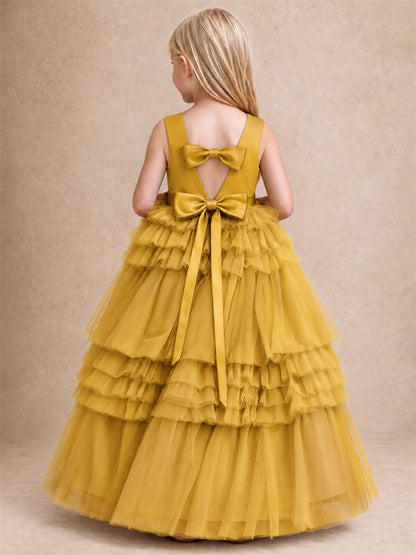 Sleeveless Square Neck Tiered Tulle Flower Girl Dress Kids Princess Wedding Party Gown