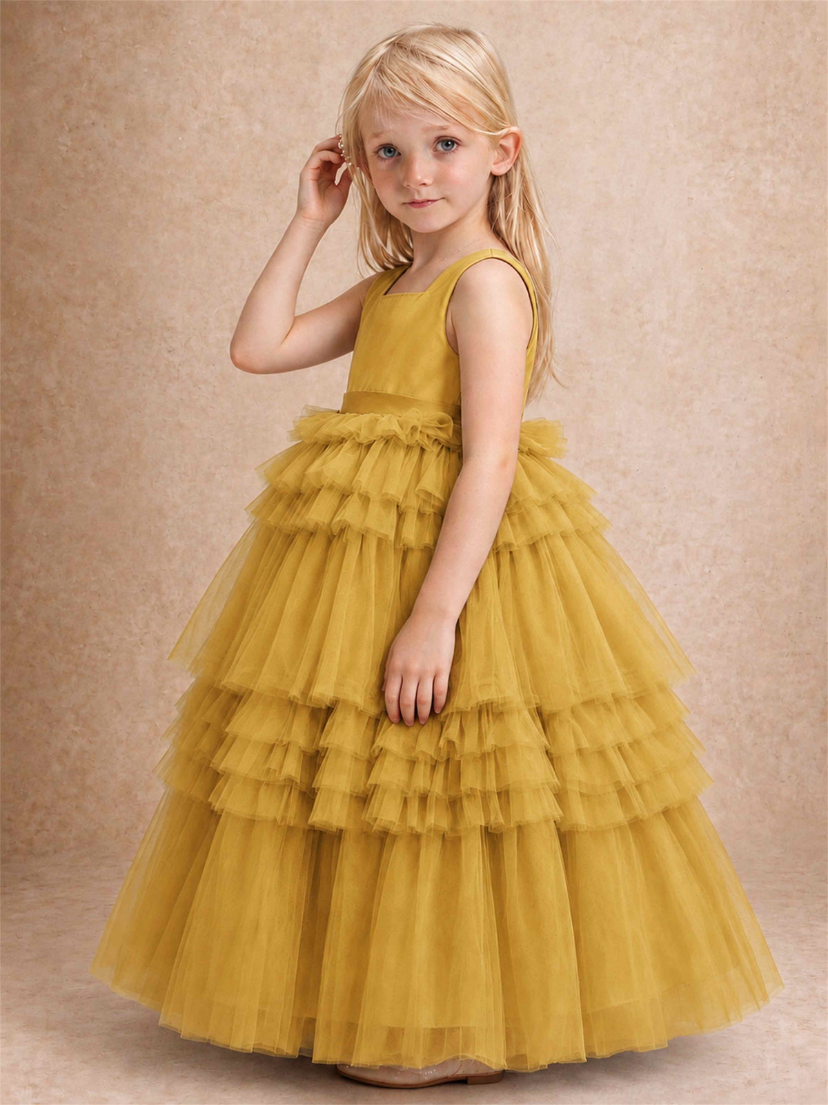 Sleeveless Square Neck Tiered Tulle Flower Girl Dress Kids Princess Wedding Party Gown