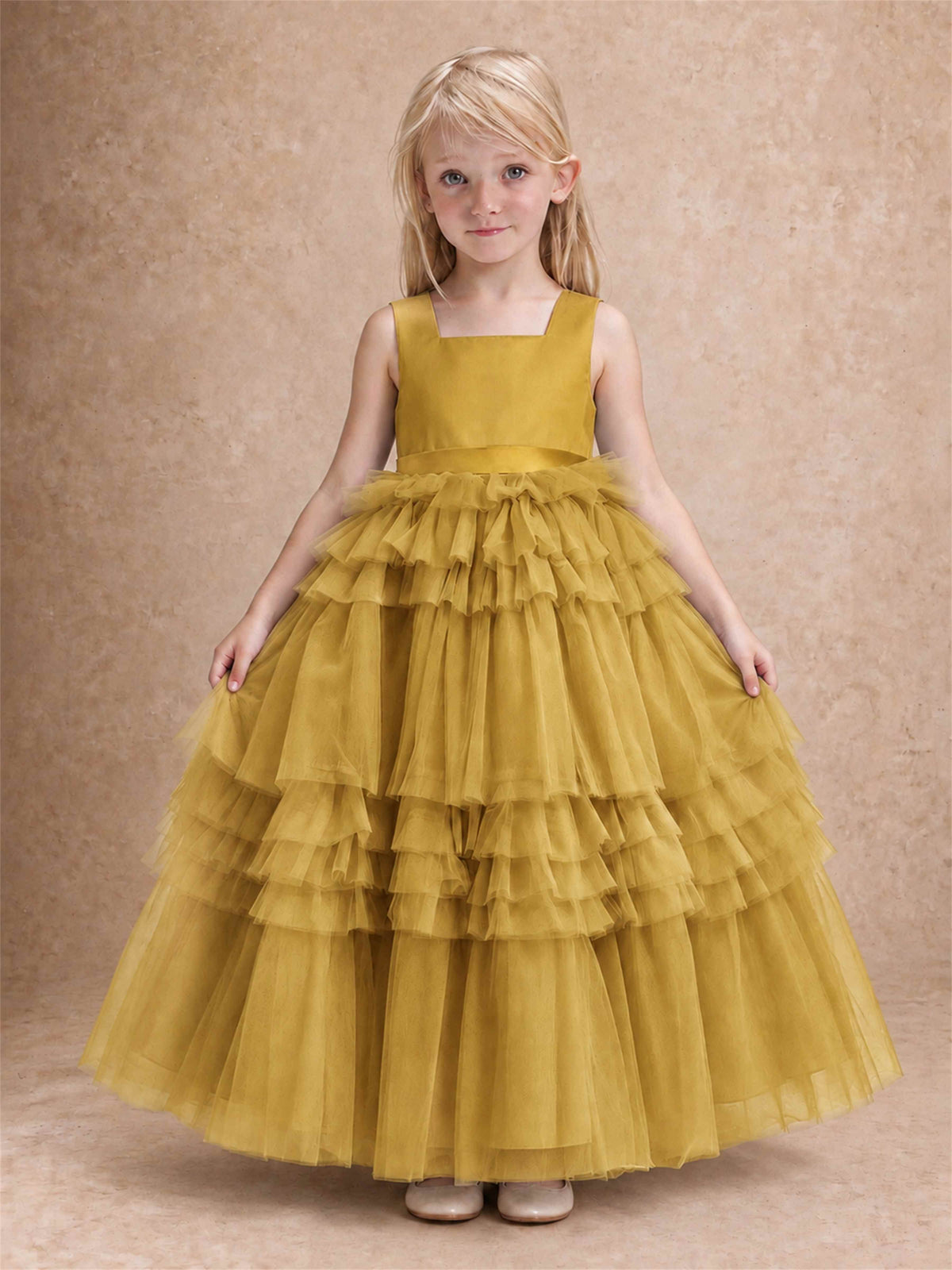 Sleeveless Square Neck Tiered Tulle Flower Girl Dress Kids Princess Wedding Party Gown