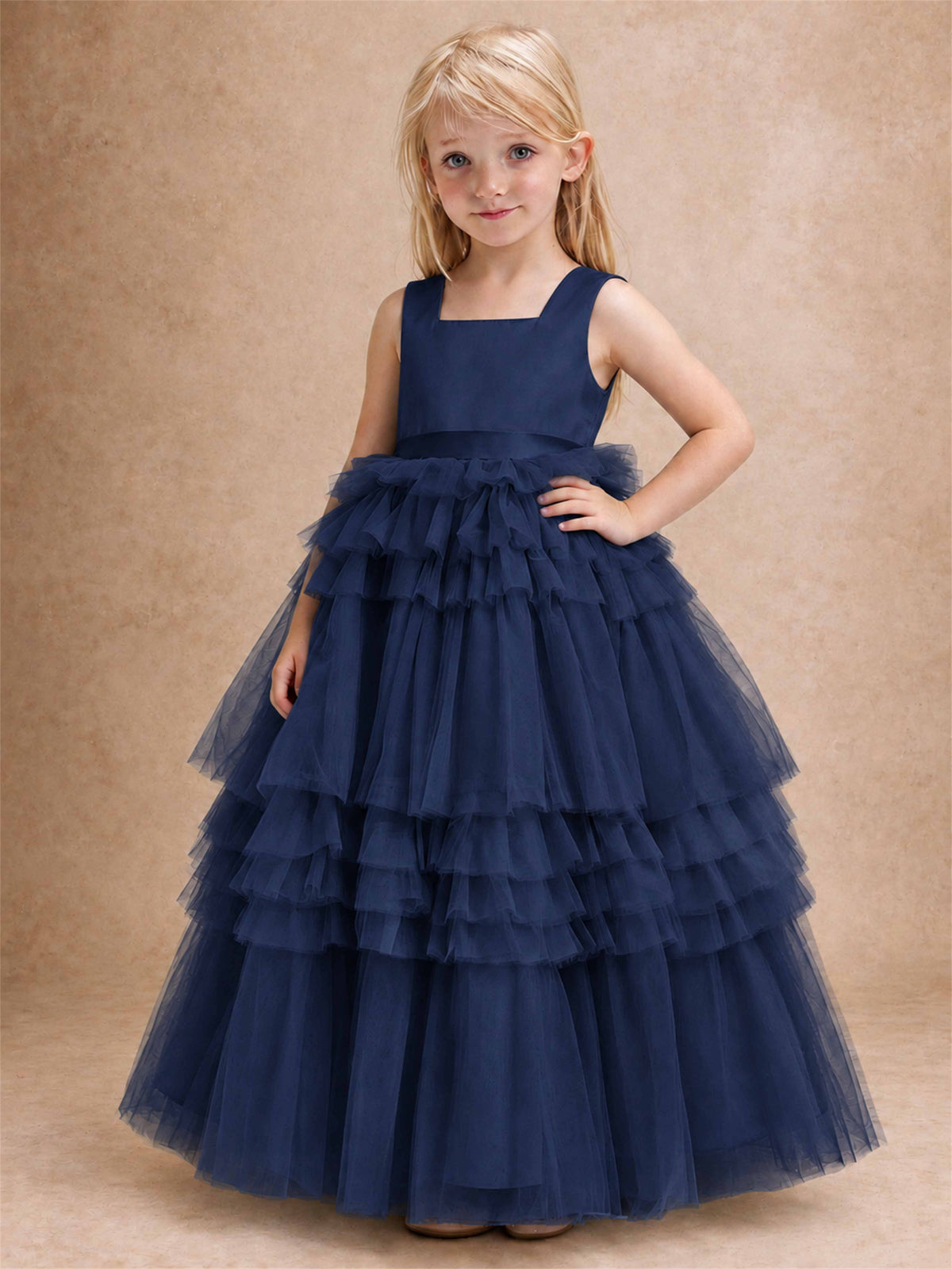 Sleeveless Square Neck Tiered Tulle Flower Girl Dress Kids Princess Wedding Party Gown