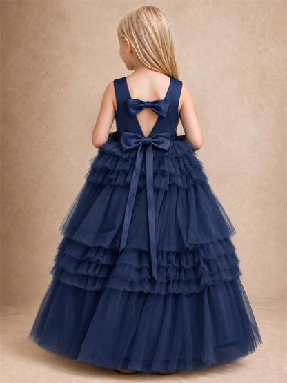 Sleeveless Square Neck Tiered Tulle Flower Girl Dress Kids Princess Wedding Party Gown
