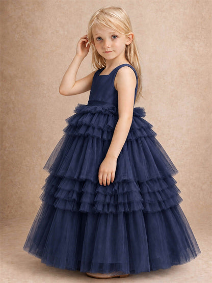Sleeveless Square Neck Tiered Tulle Flower Girl Dress Kids Princess Wedding Party Gown