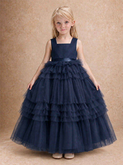 Sleeveless Square Neck Tiered Tulle Flower Girl Dress Kids Princess Wedding Party Gown