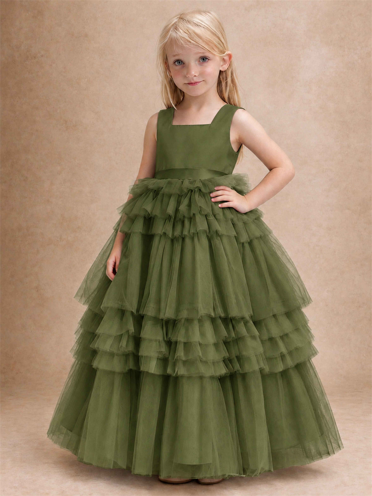 Sleeveless Square Neck Tiered Tulle Flower Girl Dress Kids Princess Wedding Party Gown