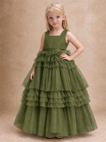 Sleeveless Square Neck Tiered Tulle Flower Girl Dress Kids Princess Wedding Party Gown