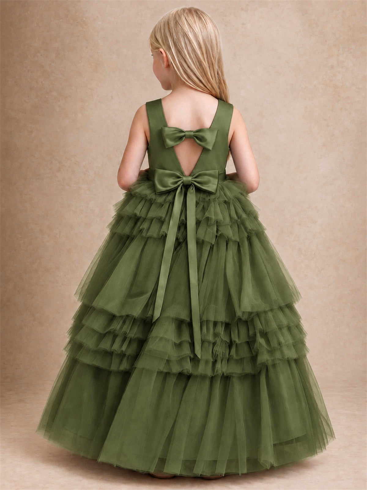 Sleeveless Square Neck Tiered Tulle Flower Girl Dress Kids Princess Wedding Party Gown