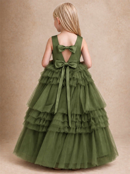 Sleeveless Square Neck Tiered Tulle Flower Girl Dress Kids Princess Wedding Party Gown