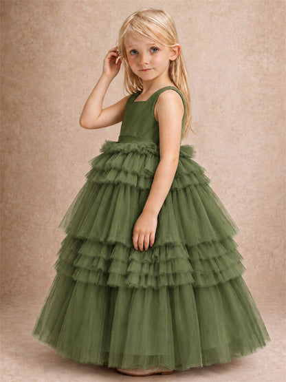 Sleeveless Square Neck Tiered Tulle Flower Girl Dress Kids Princess Wedding Party Gown