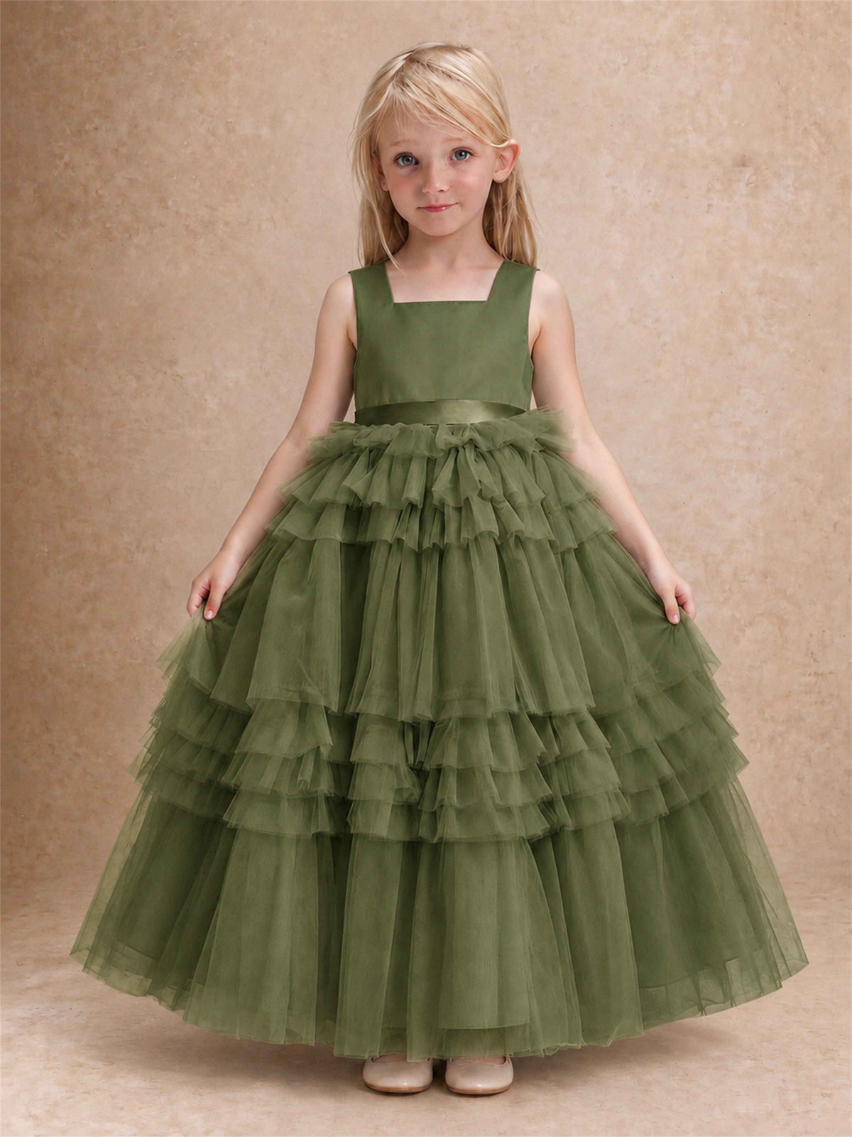 Sleeveless Square Neck Tiered Tulle Flower Girl Dress Kids Princess Wedding Party Gown
